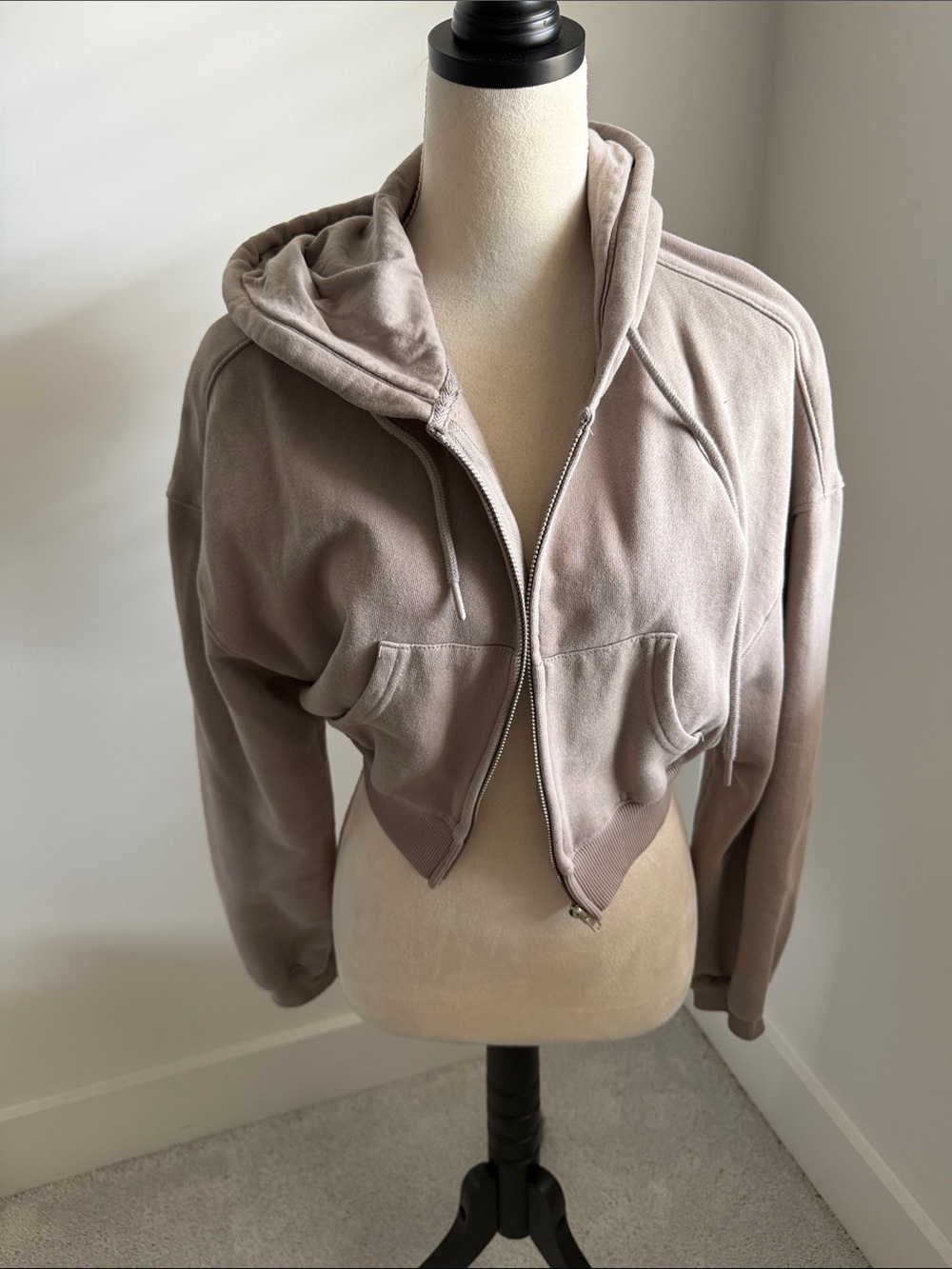 Women's Cropped Zip Hoodie Jacket - Taupe